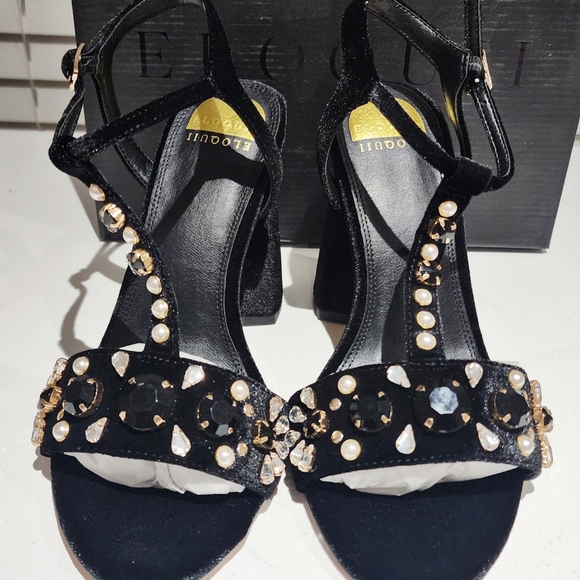 NIB Eloquii T-Strap 4" High Heeled Chucky Heel Velvet Beaded Shoes 10W - Picture 6 of 8